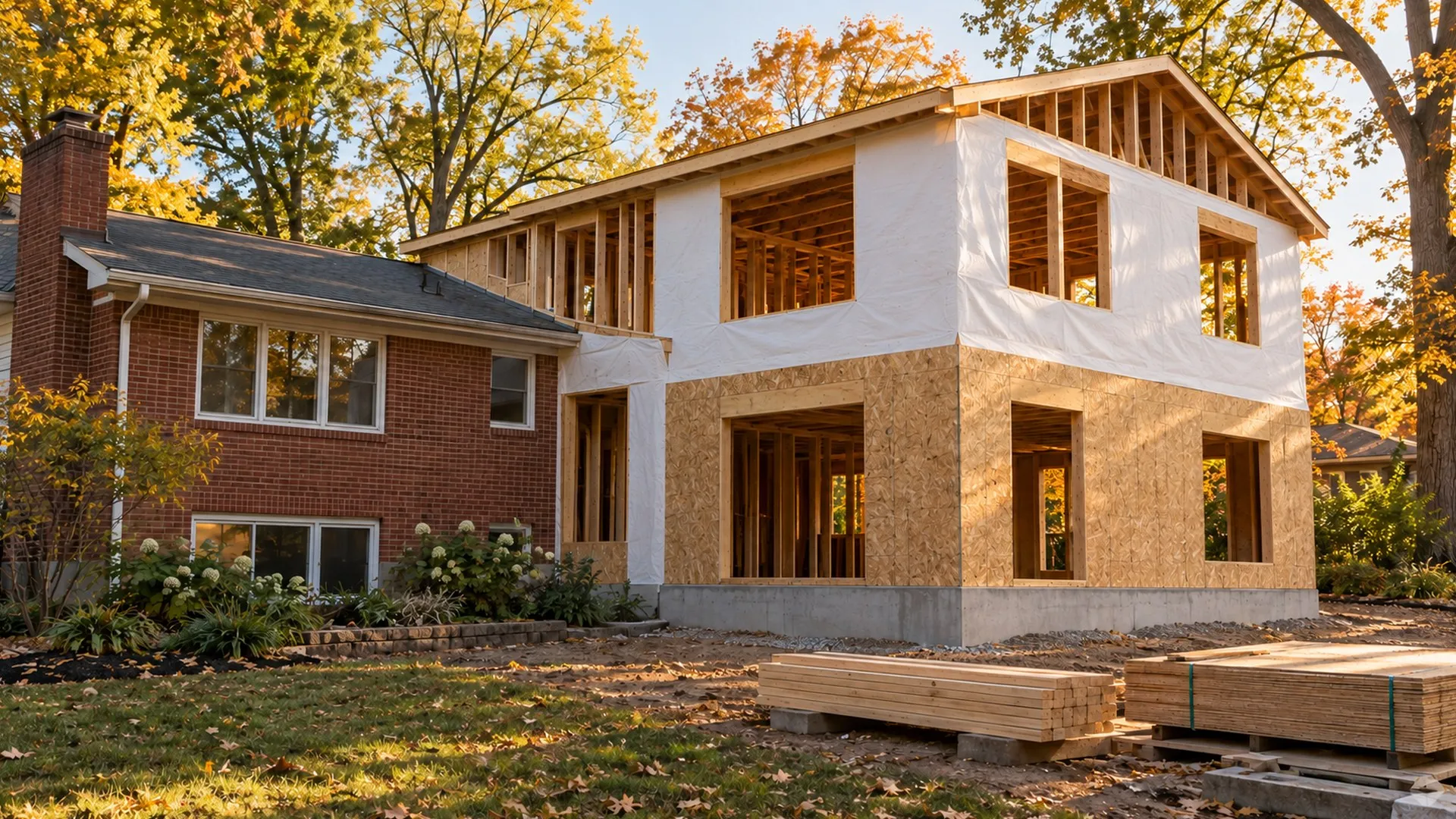 Two-story addition framed onto a brick split-level home in autumn