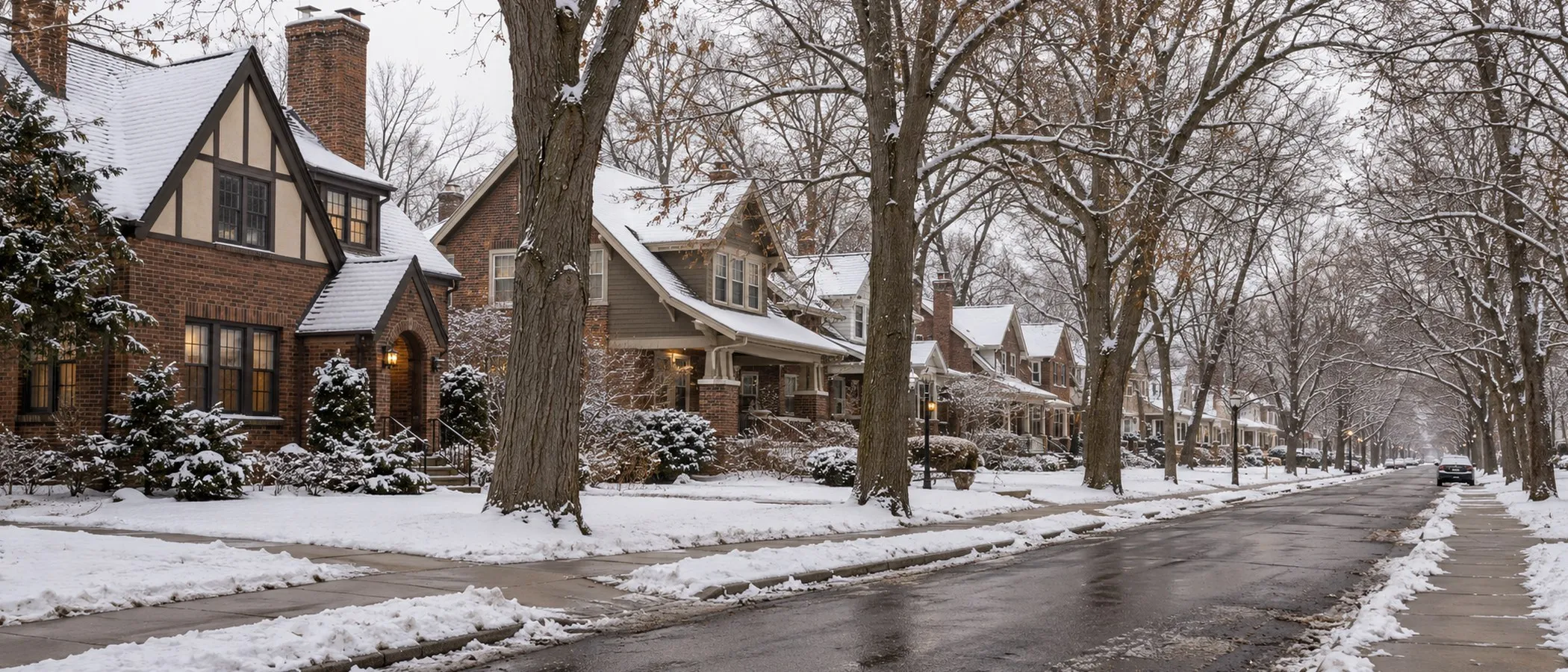 Tudor and Craftsman homes on a snowy East Lansing-style street