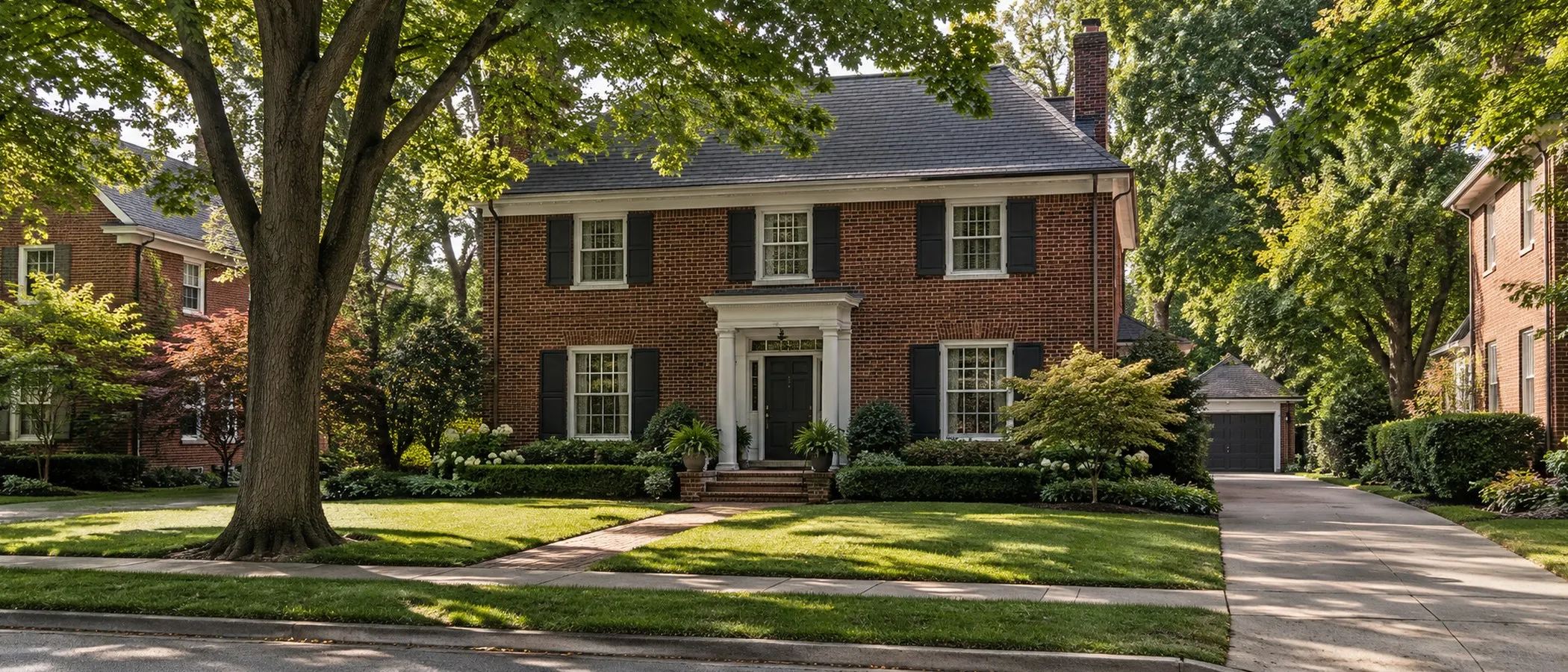 Red-brick center-hall colonial on a leafy street in summer