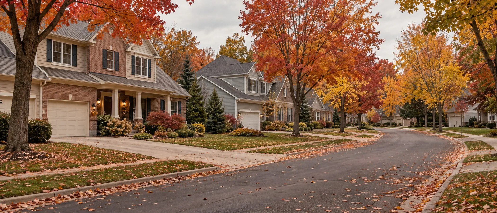 Tree-lined Michigan subdivision street in fall color