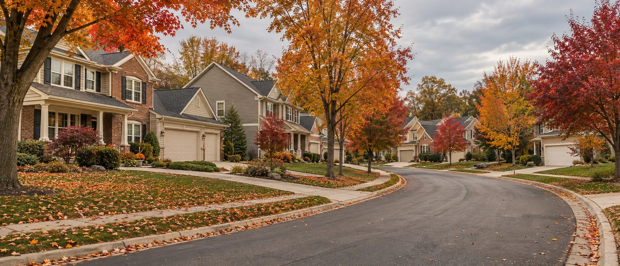 Colonial homes on a curving Okemos-style street in autumn
