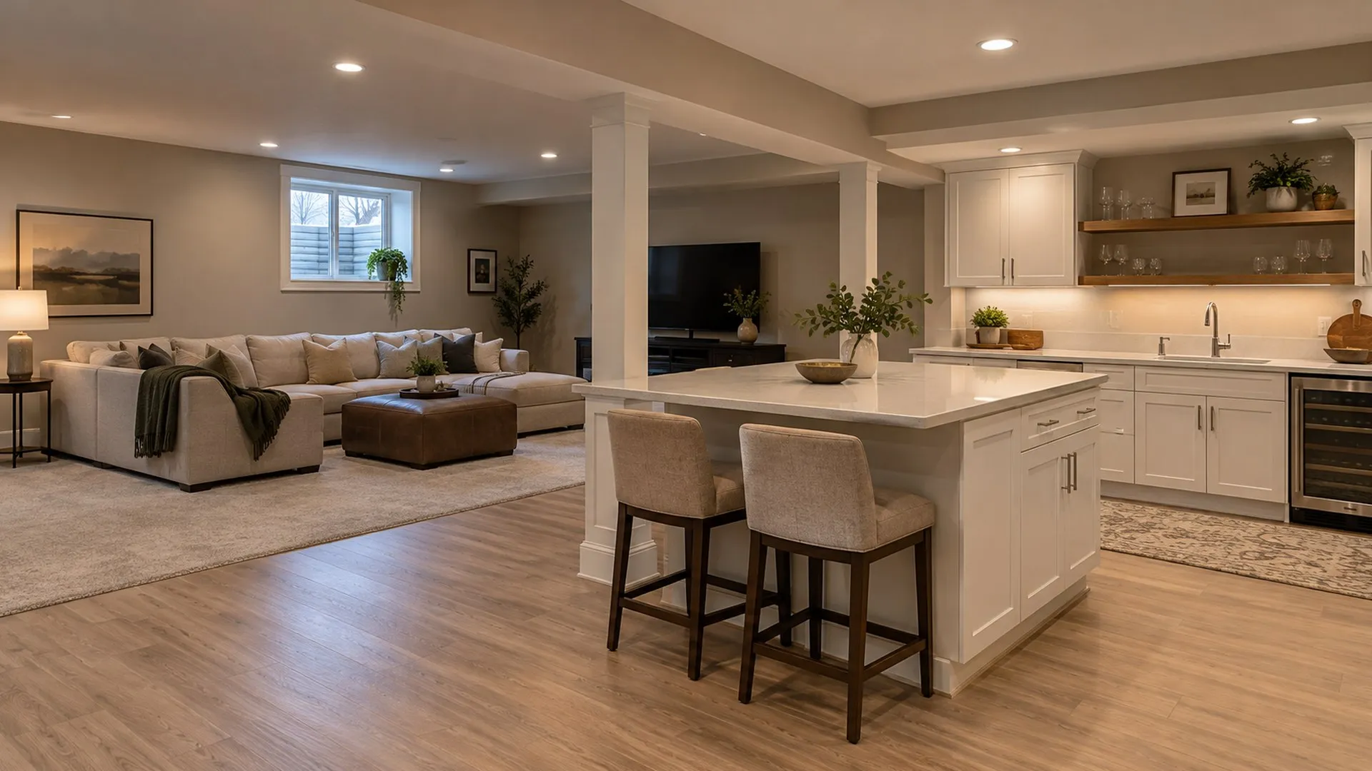 Finished basement family room with wet bar and egress window
