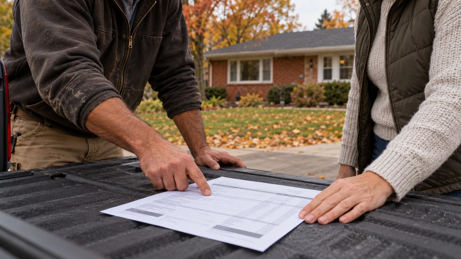 Reviewing a printed project estimate on a truck tailgate