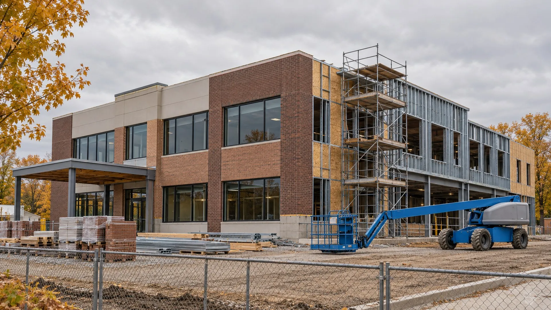 Two-story brick commercial building under construction in autumn