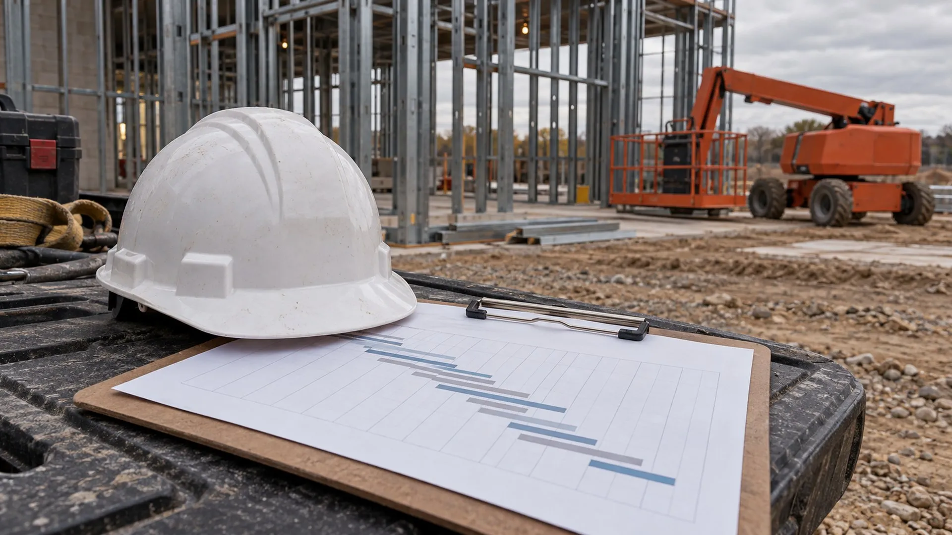 Hard hat and project schedule on a job-site table