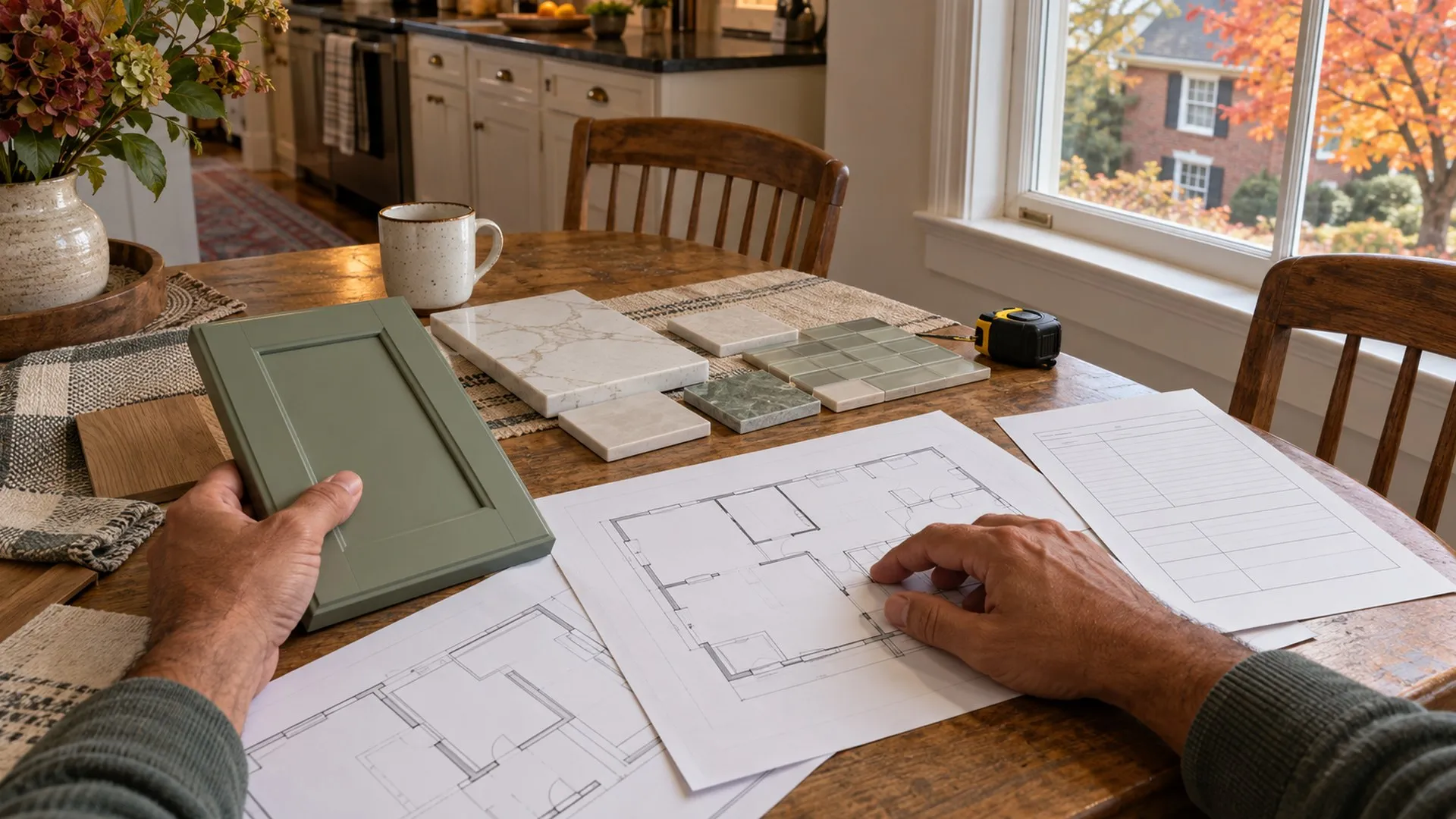 Floor plans and cabinet and tile samples on a kitchen table
