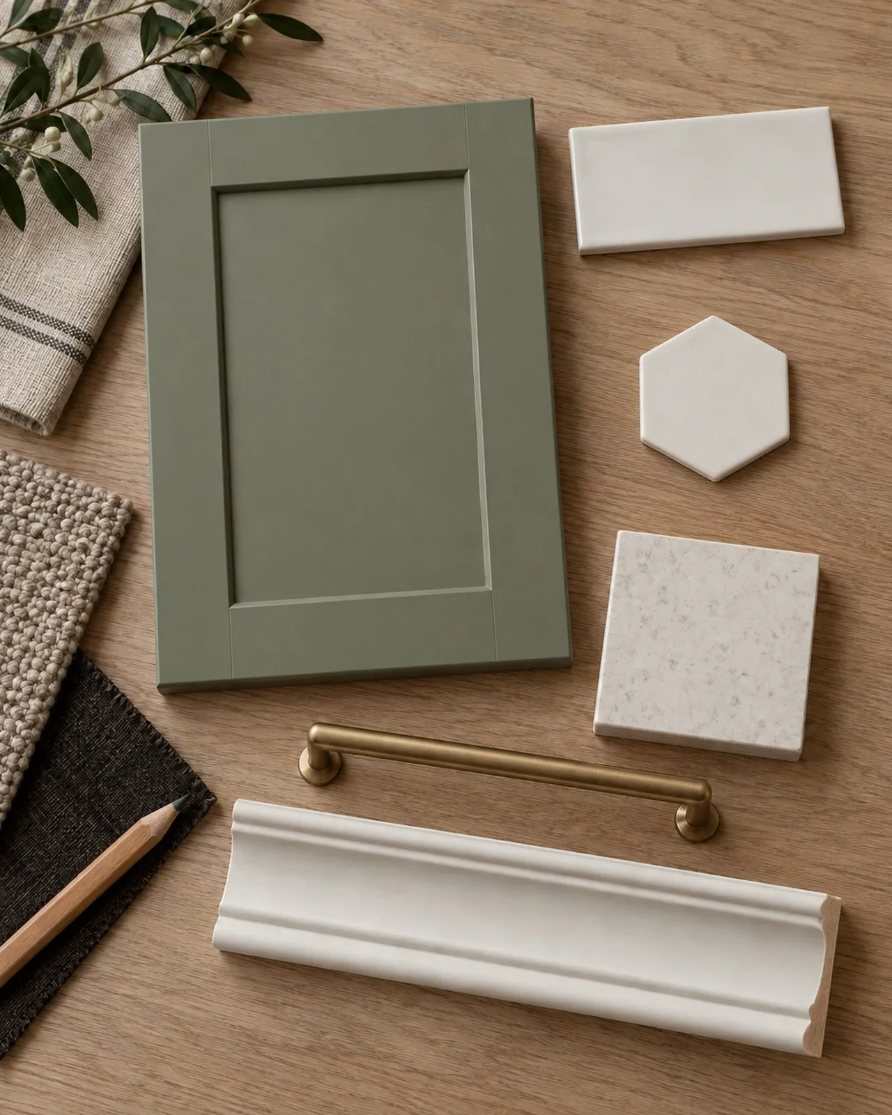 Cabinet door, tile, molding, and hardware samples on white oak