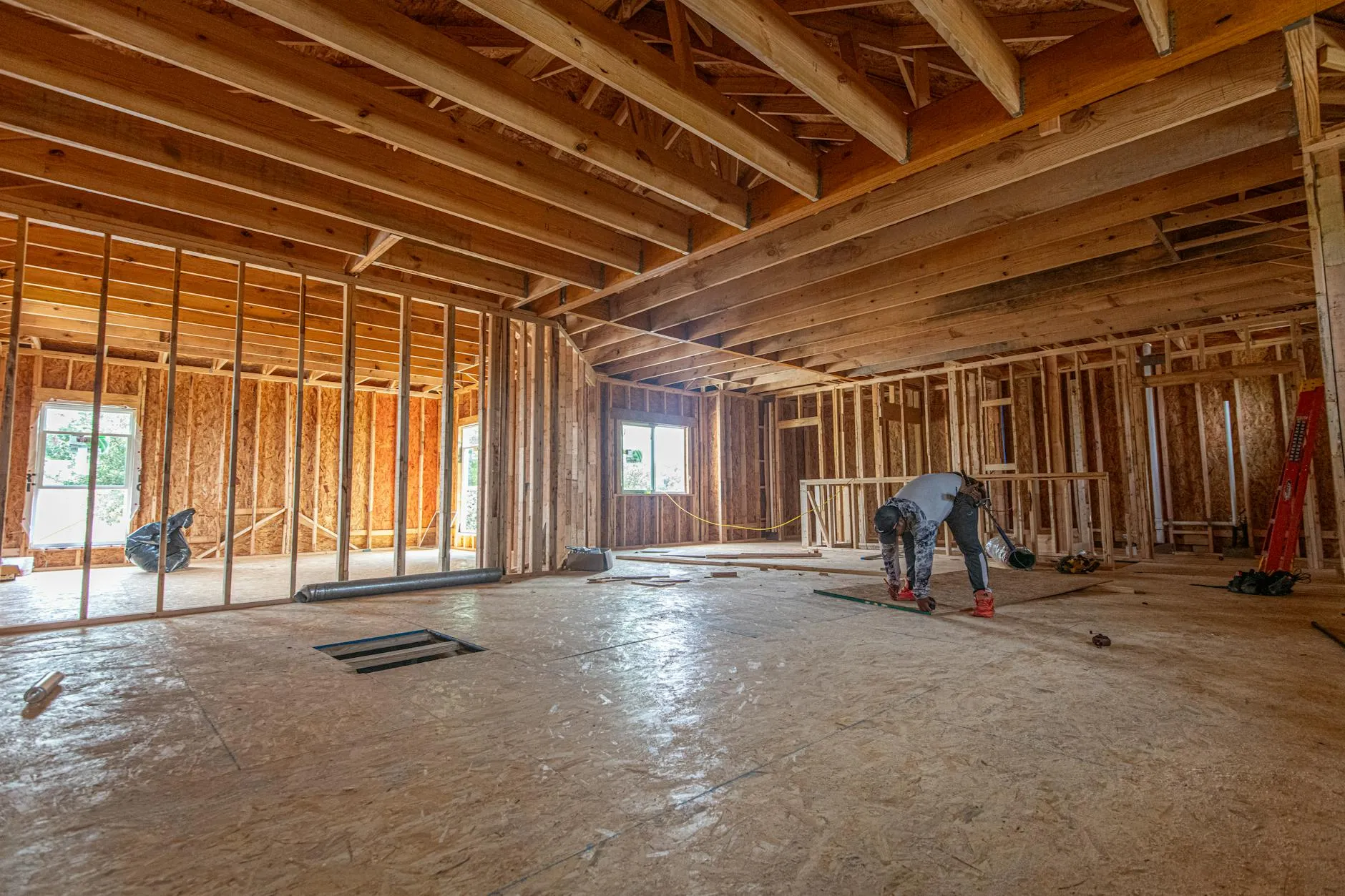 Open wood framing and subfloor during construction