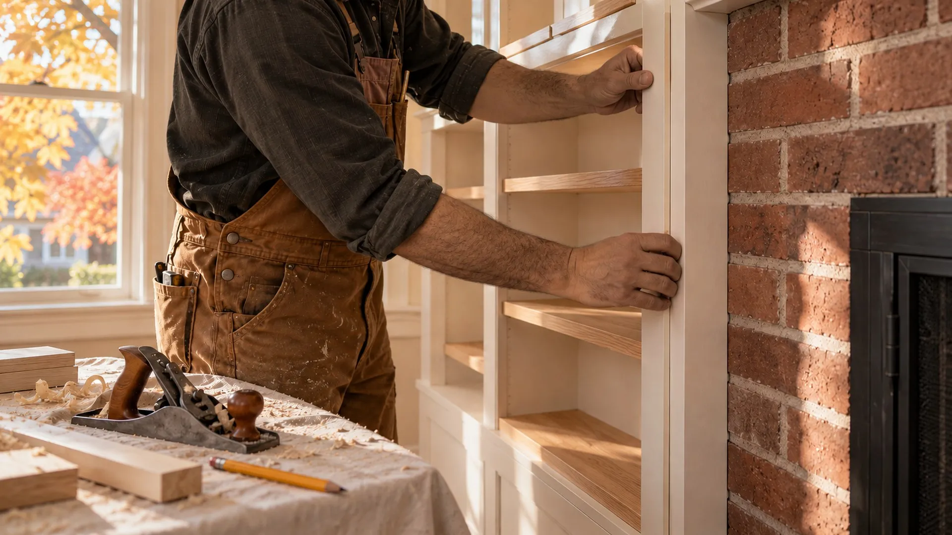 Carpenter fitting a built-in bookcase beside a brick fireplace